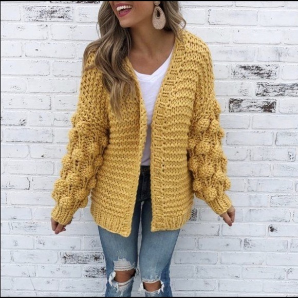 Wishlist Jackets & Blazers - (Sold)Wishlist chunky knit pompom sleeves mustard yellow cardigan size M/L
